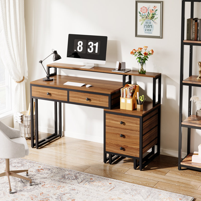 17 Stories Computer Desk With 5 Drawers Home Office Desks With 3 Drawer Cabinet Printer Stand Industrial PC Table With Monitor Stand Rustic Study Writing Table Workstation For Small Spaces Wayfair